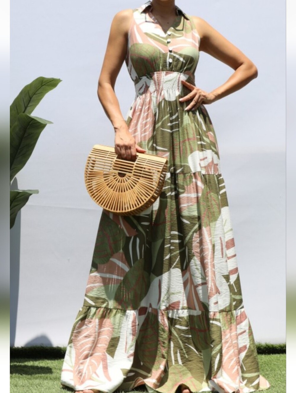 Sleeveless Collared Floral Rayon Maxi Dress in Olive & Blush Vintage Style NWT